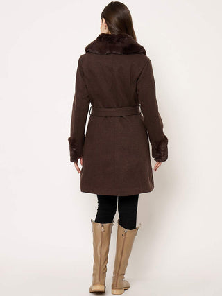 Madame Notch Lapel Neckline Brown Belted Long Coat