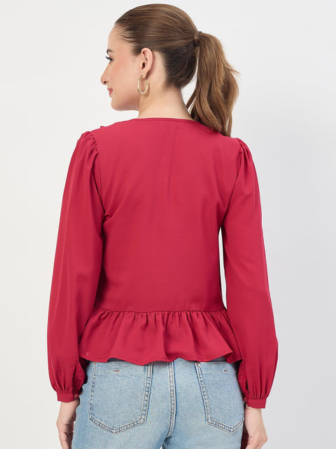 Madame Maroon Frill Sleeve Ruffle Neck Top