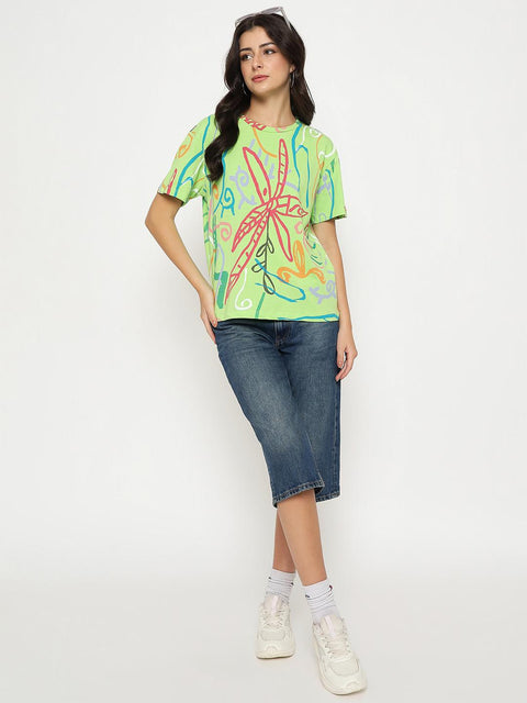 Madame All Over Print Half Sleeve Parrot Green Cotton T-shirt