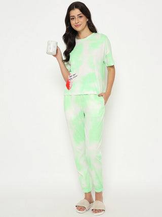 mSECRET Tie and Dye Top and Bottom Printed Green Night Suit