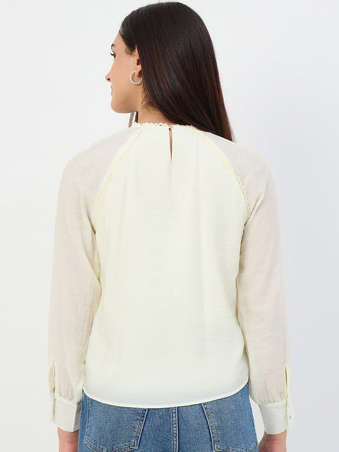 Madame Butter Yellow Embroidered Bishop-Sleeve Viscose Top
