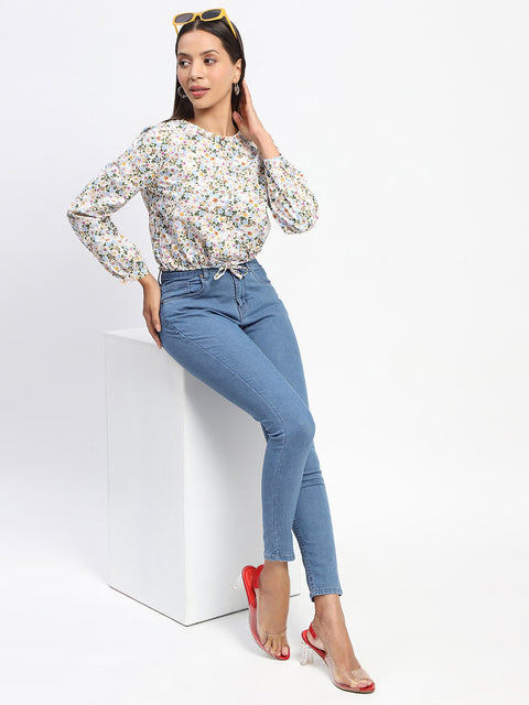 Madame Cotton Floral Print Drawstring Waist Multicolor Top