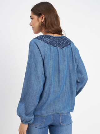Madame Embroidered Collar Tie Neck Blue Cotton Top
