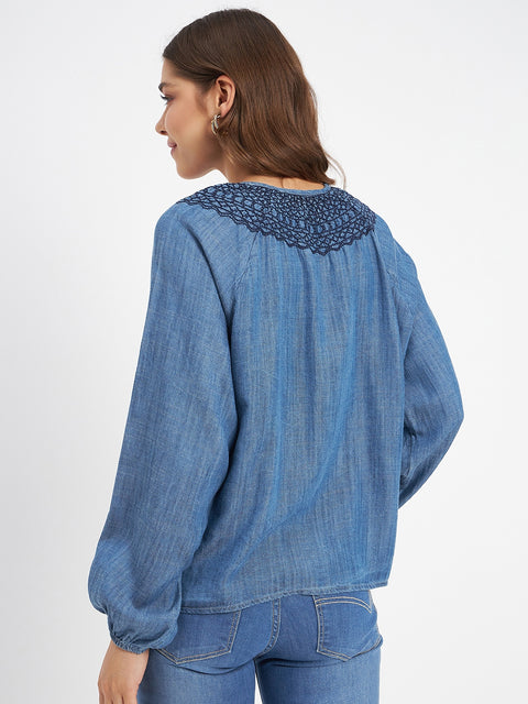 Madame Embroidered Collar Tie Neck Blue Cotton Top