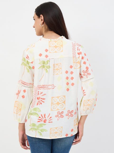 Madame Off-White Printed Mandarin-Collar Viscose Tunic