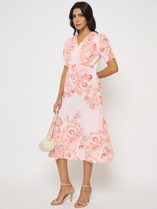 Madame Paisley Print Peach Midi A Line Dress