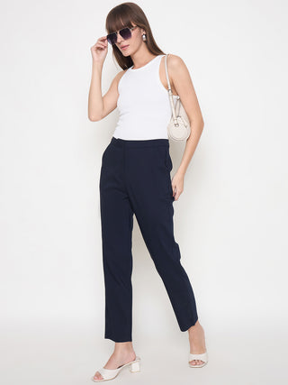 Madame Alex Waist Belt Detail Solid Navy Blue Trousers