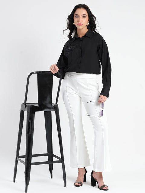 Madame Crushed Tissue Embroidered Black Shirt