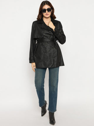 Madame Double Breasted Belted Solid Black Trench Coat