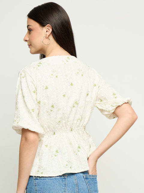 Madame Printed V Neck Green Top