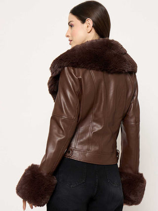 Madame Faux Fur Notch Lapel Collar Brown PU Leather Jacket