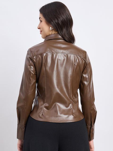 Madame Solid Brown PU Blend Shacket