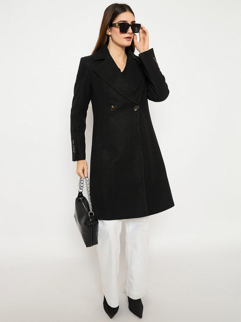 Madame Front Welt Pocketed Double Breasted Black Long Coat