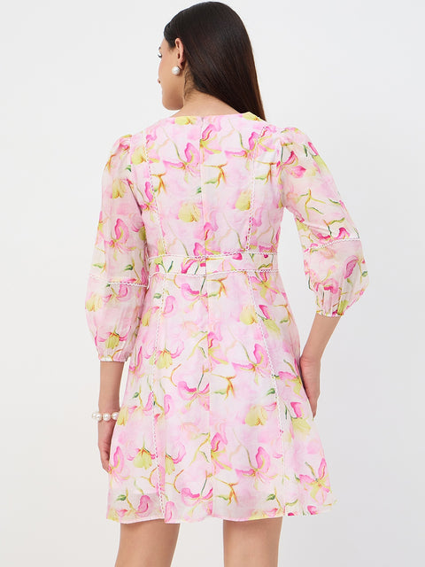 Madame Pink Floral Fit and Flare Tencel Midi Dress
