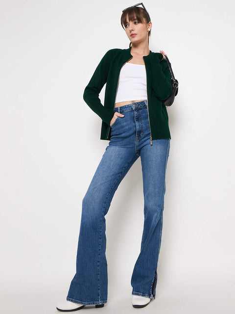Madame Acrylic Blend Zipped Bottle Green Sweater