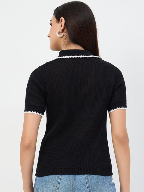 Madame Black Contrast Trim Cotton Polo T-Shirt