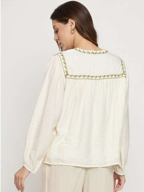 Madame Off White Viscose Embroidered Round Neck Puff Sleeve Tunic Top