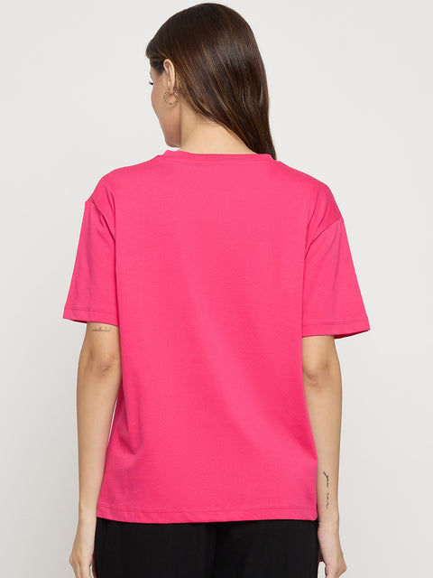 Madame Hot Pink Embroidered Cotton Round Neck T-Shirt
