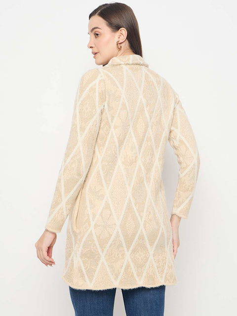 Madame Geometric Print Long Beige Cardigan