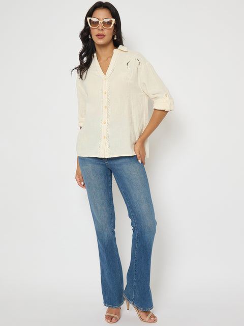Madame Solid Off- White Cotton Shirt