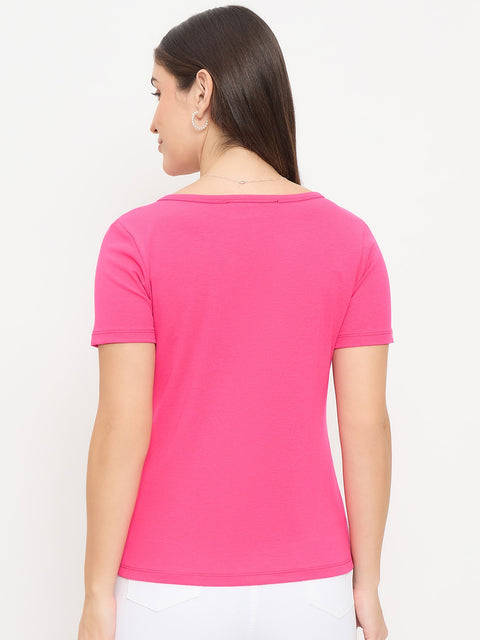 Madame Hot Pink V-Neck T-Shirt with Button Placket
