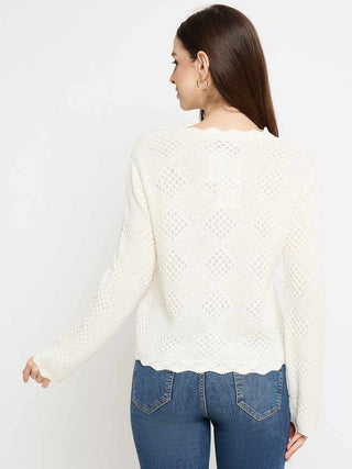 Madame Textured Scalloped Hem Off White Knitted Top