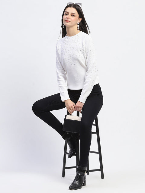 Madame Embellished Full Sleeve Off White Knitted Top