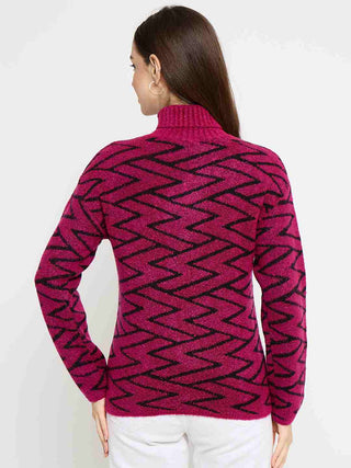 Madame Geometric Print High Neck Fuchsia Pink Sweater