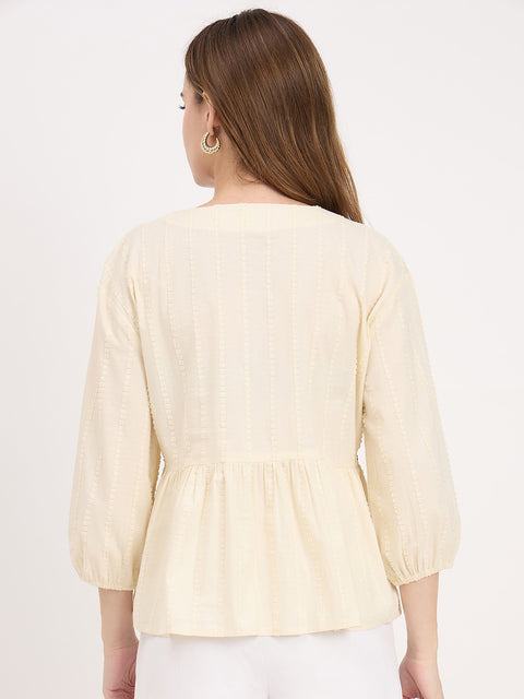 Madame Off White Cotton Lace Detail V-Neck Puff Sleeve Top