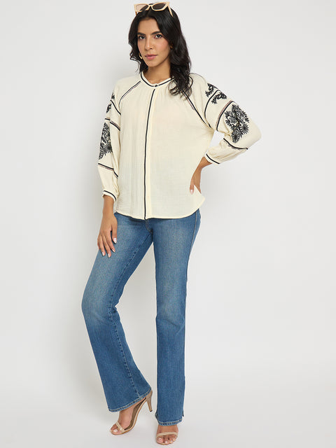 Madame Embroidered Pleat Detailing Off White Cotton Top