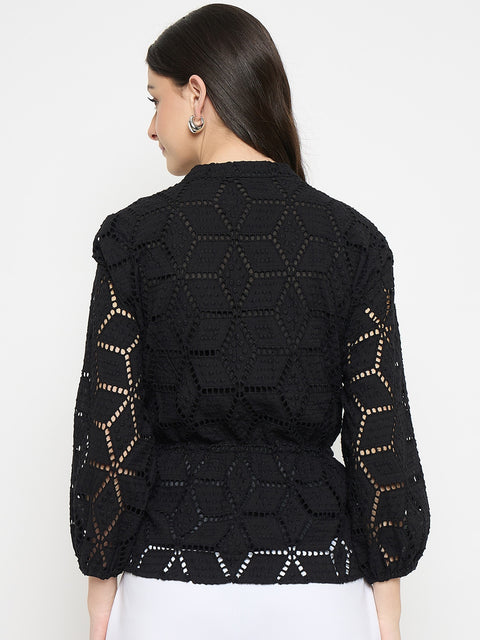 Madame Black Cotton Schiffli Peplum Top