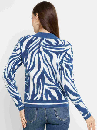 Madame Animal Print Zip Blue Sweater