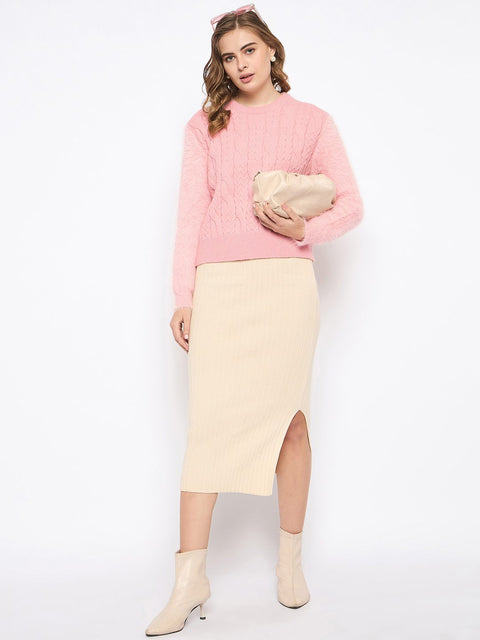 Madame Cable Knit Solid Peach Sweater