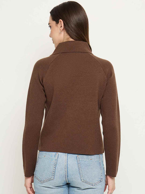 Madame Embroidered Collar Asymmetric Brown Sweater