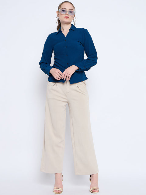 Madame Button Down Wing Necked Side Ruched Solid Teal Shirt