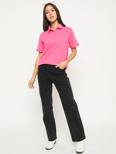 Madame Cotton Blend Solid Pink Polo T-shirt