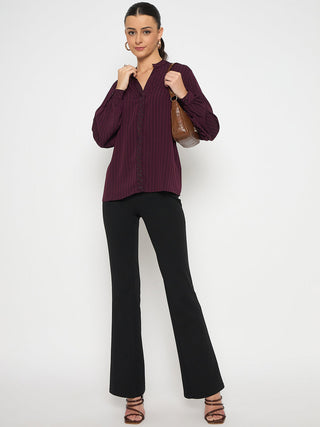 Madame Embellished Striped Cuff Sleeved Plum Top