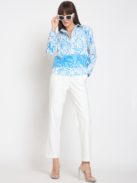 Madame Botanical Print Button Up Front Aqua Blue Shirt