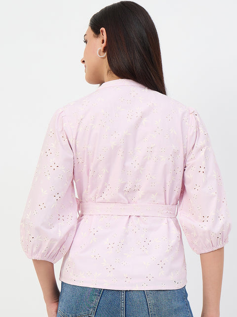 Madame Pink Belted Cotton Mandarin-Collar Top