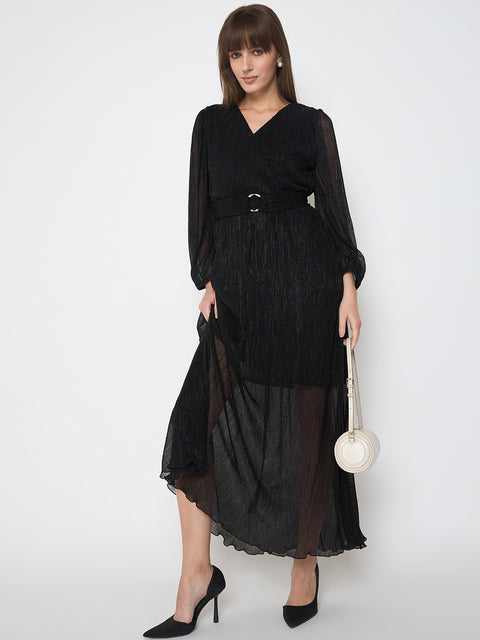 Madame Pliss Self Design Belted Black Flared Maxi Dress