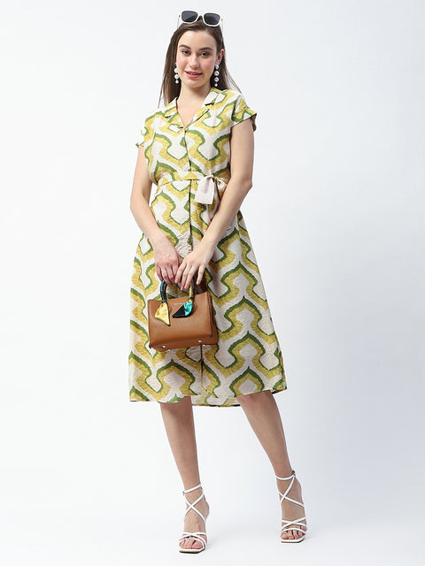 Madame Printed and Belted Green Midi Shirt Dress