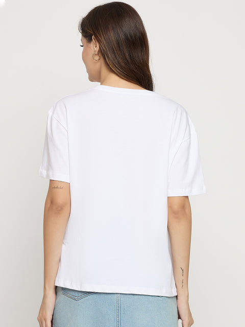 Madame White Graphic Print Cotton Round Neck T-Shirt
