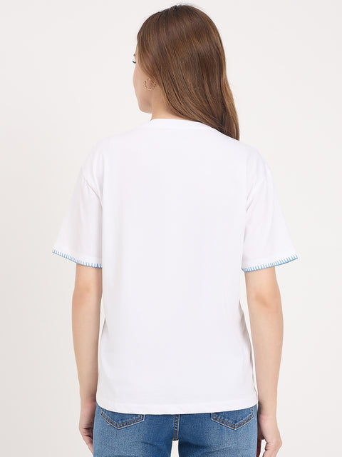 Madame White Embroidered Cotton Round Neck T-Shirt