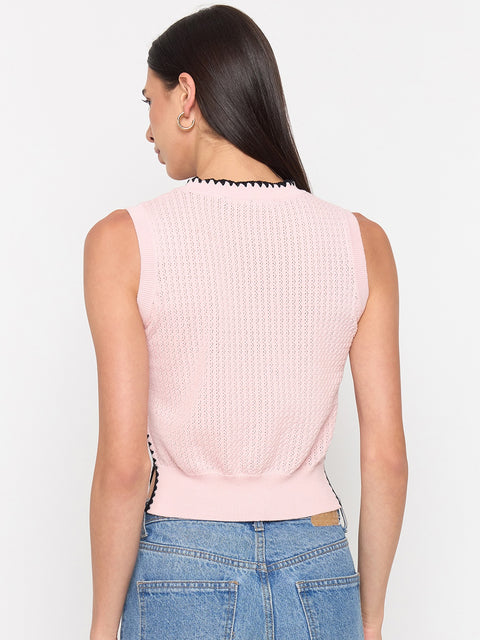 Madame Powder Pink Contrast Trim Cotton Knit Top