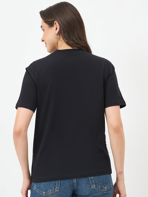 Madame Black Cotton Slim-Fit Half-Sleeve T-Shirt