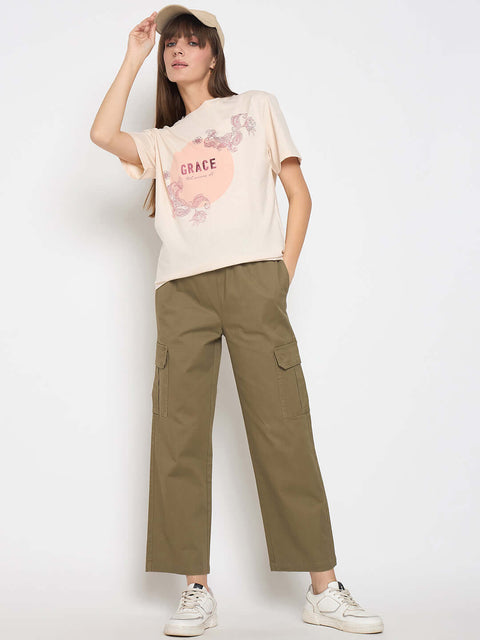 Madame Sinker Graphic Print Foil Detailed Beige Tshirt