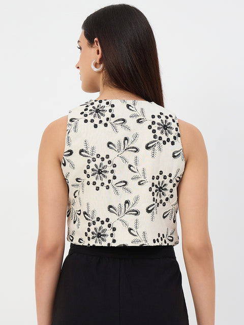 Madame Beige Embroidered Linen-Blend Vest Top