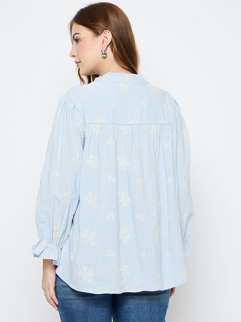 Madame Floral Print Cotton Blend Powder Blue Top