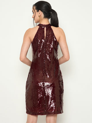 Madame Halter Neck Maroon Bodycon Shimmer Dress