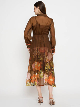 Madame Floral Print Chocolate Brown Midi Dress